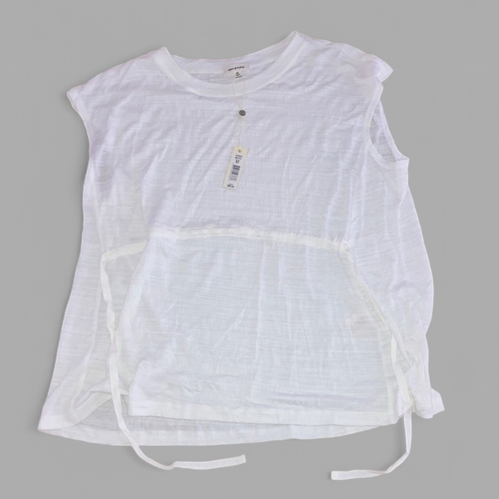 Max Studio Cream Crinkle Knit Tee Top Drawstring Waist Women’s Sz M NWT
